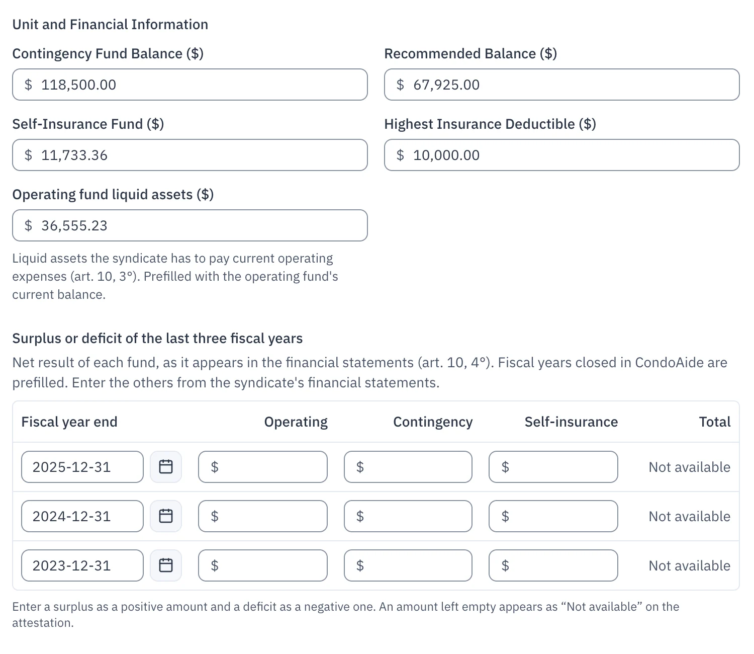The "Surplus or deficit of the last three fiscal years" table in the attestation wizard, with one column per fund and the total