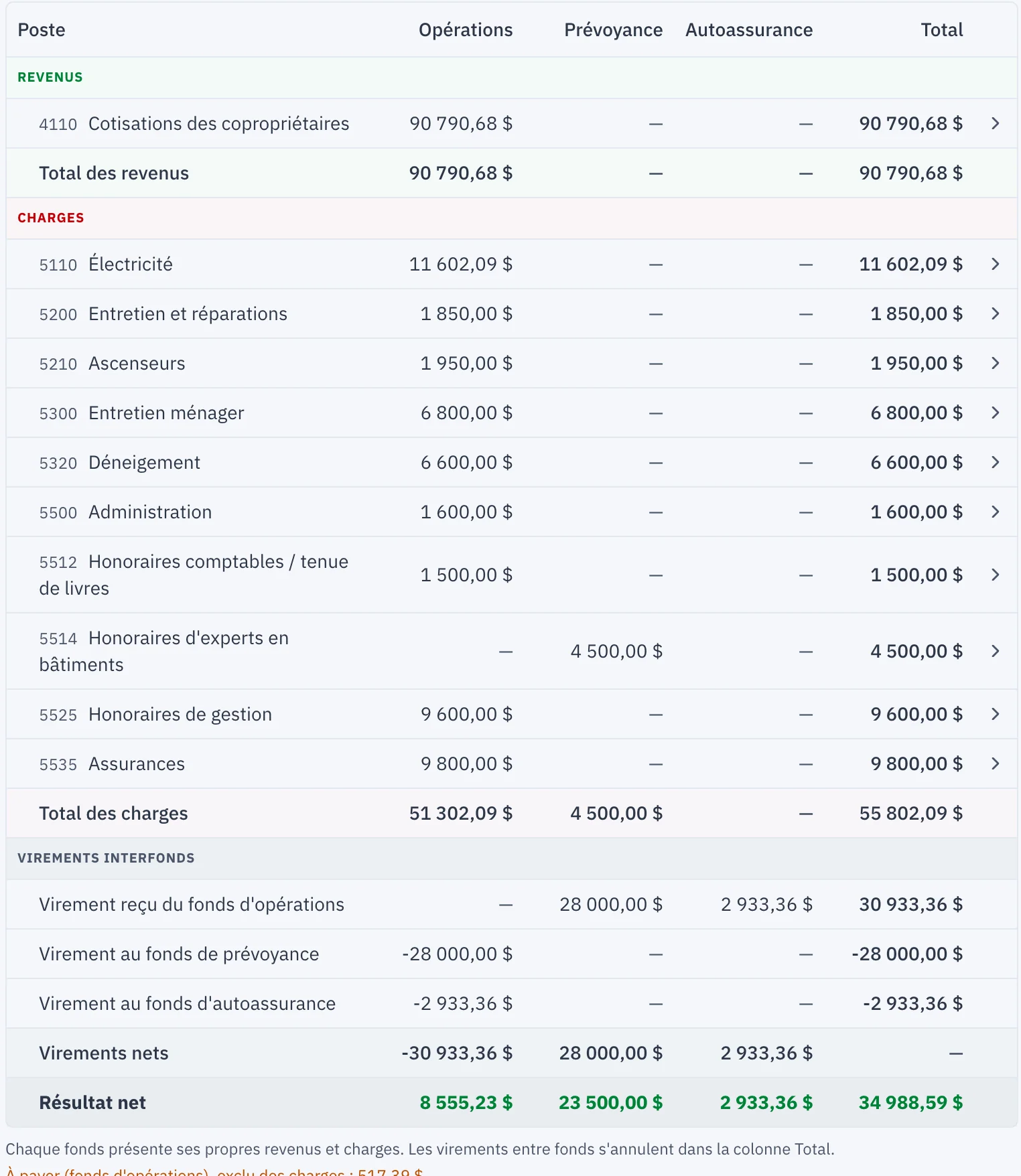 L'état des résultats avec une colonne par fonds : revenus, charges, virements interfonds et résultat net