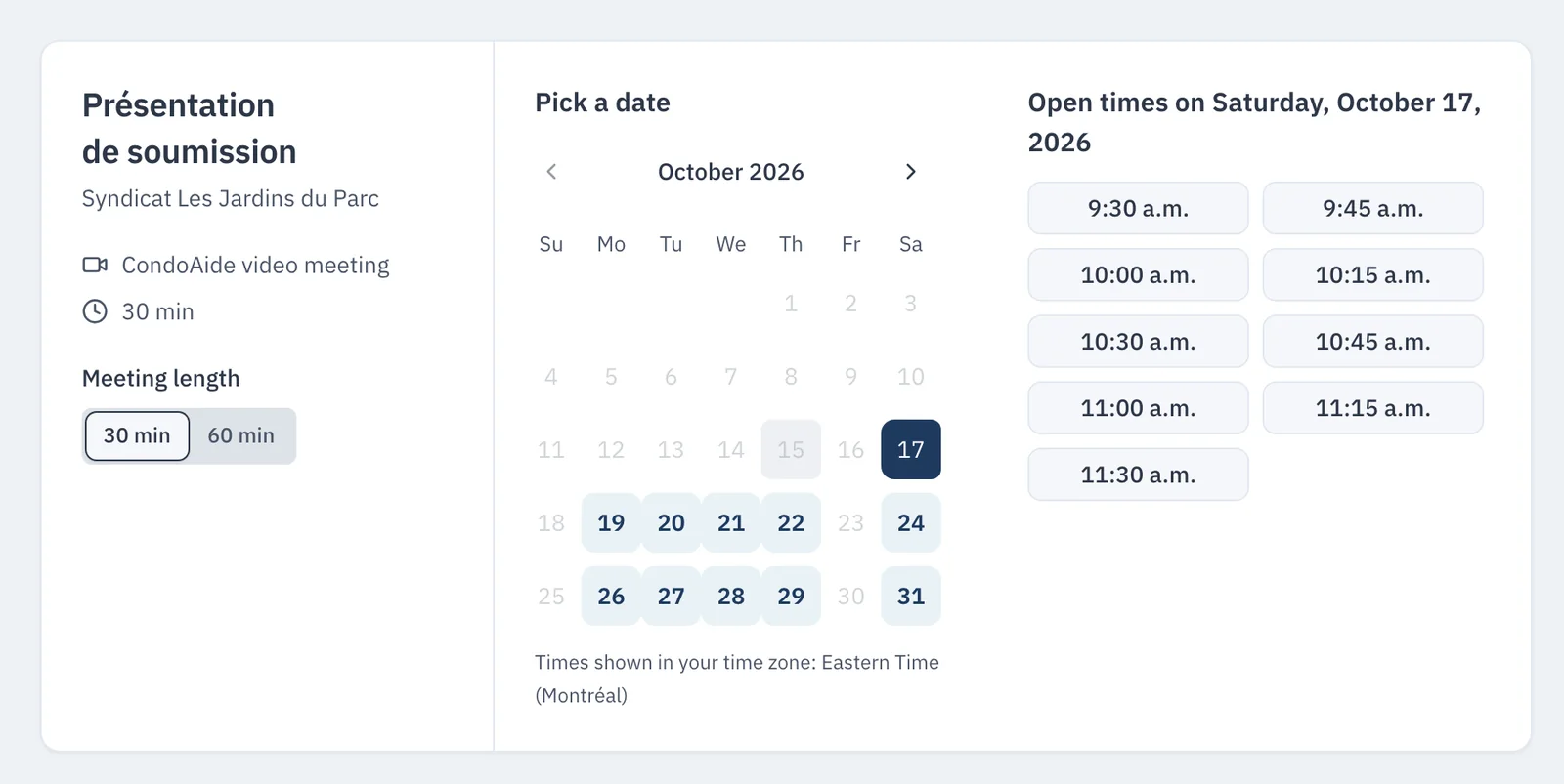 The public « Présentation de soumission » page: the October calendar and the free times on Saturday, October 17