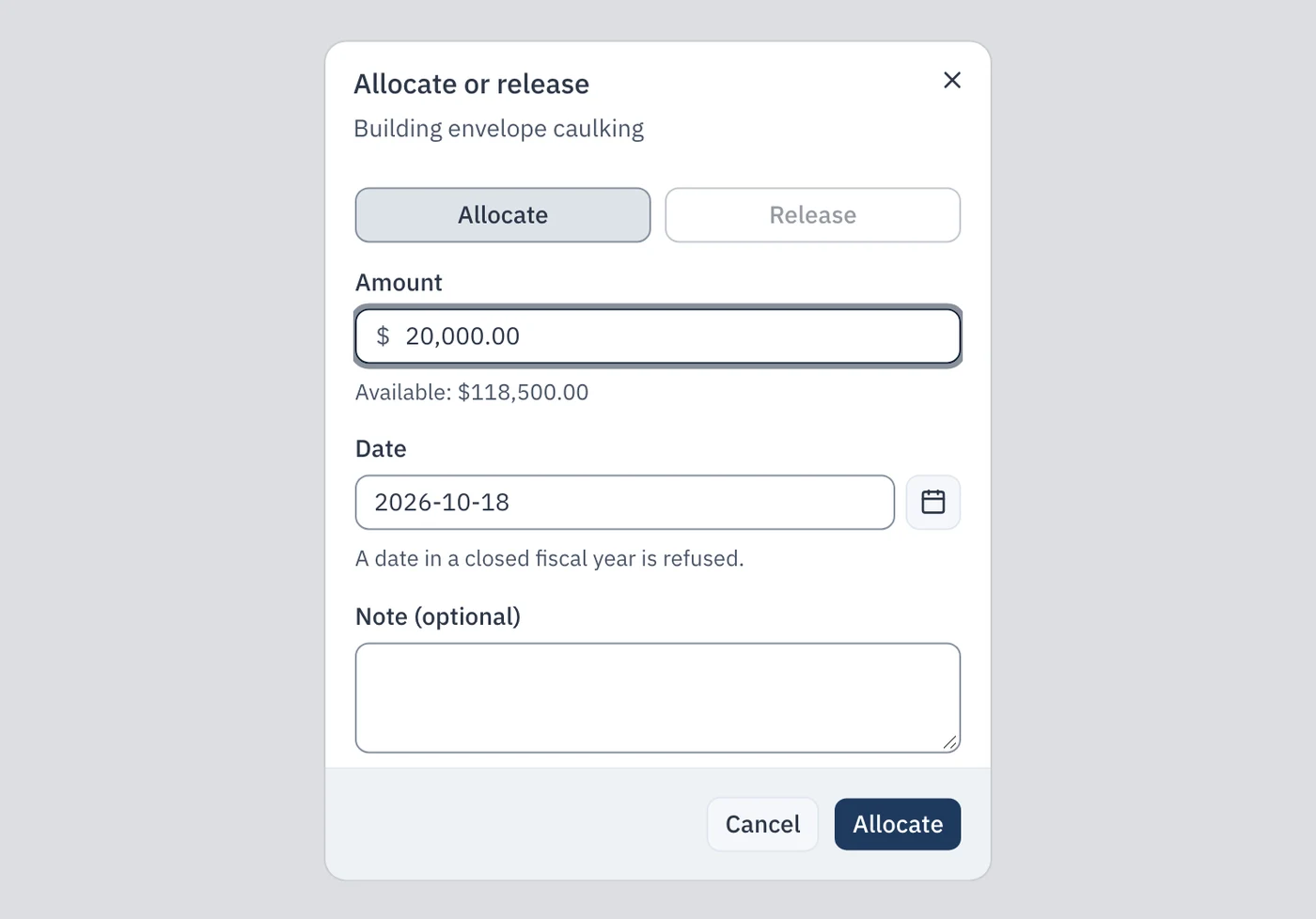 The « Allocate or release » window for « Building envelope caulking », in Allocate mode: amount $20,000.00, available $118,500.00, today's date