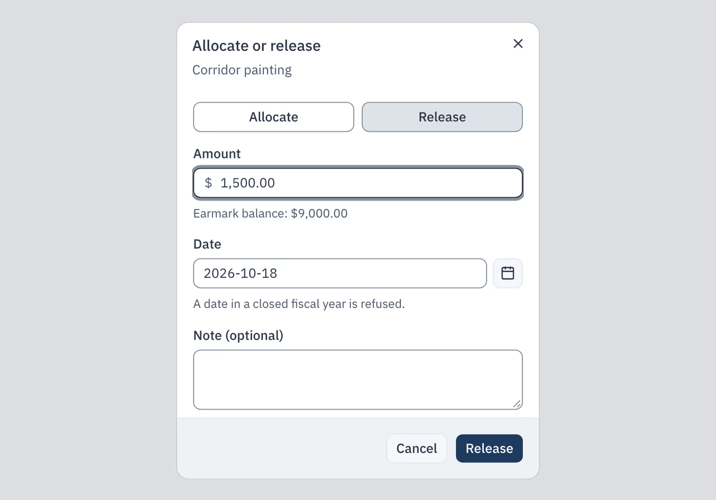 The « Allocate or release » window for « Corridor painting », in Release mode: amount $1,500.00, earmark balance $9,000.00