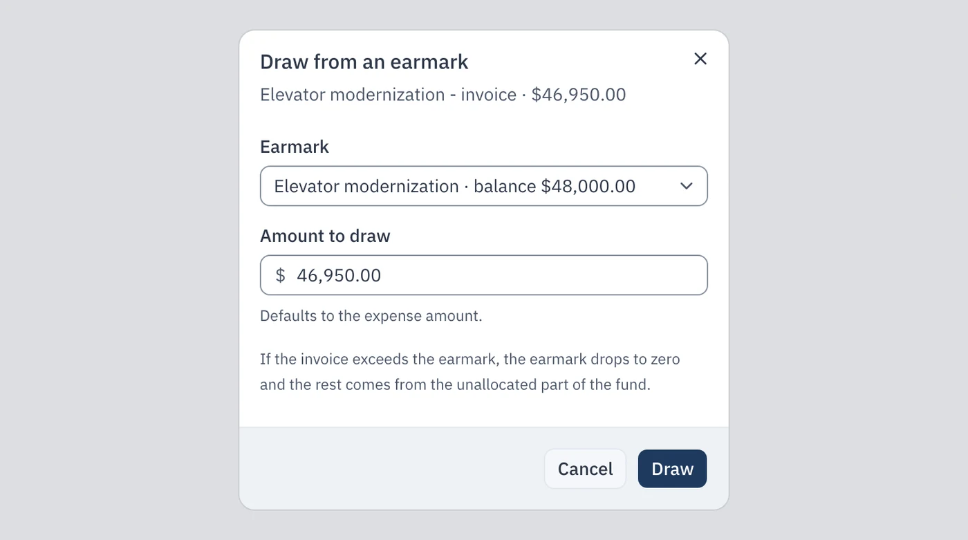 The « Draw from an earmark » window for the $46,950.00 elevator invoice: earmark « Elevator modernization · balance $48,000.00 », amount to draw $46,950.00