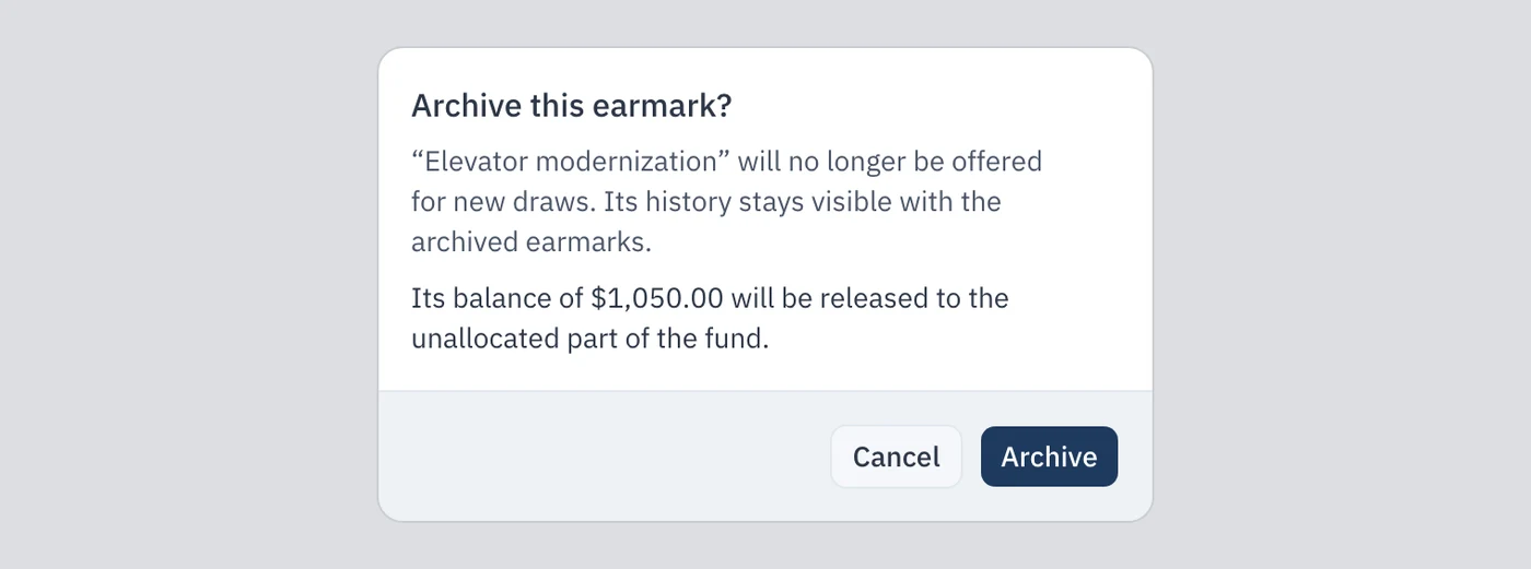 The « Archive this earmark? » window for « Elevator modernization »: it will no longer be offered for new draws, and its balance of $1,050.00 will be released to the unallocated part of the fund